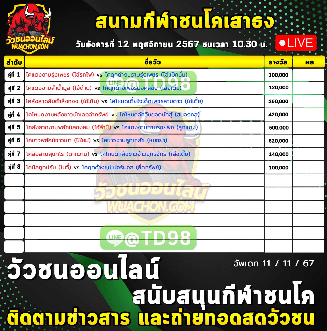 รายการวัวชน สนามกีฬาชนโคบ้านเสาธง วันที่ 12 พฤษจิกายน 2567
